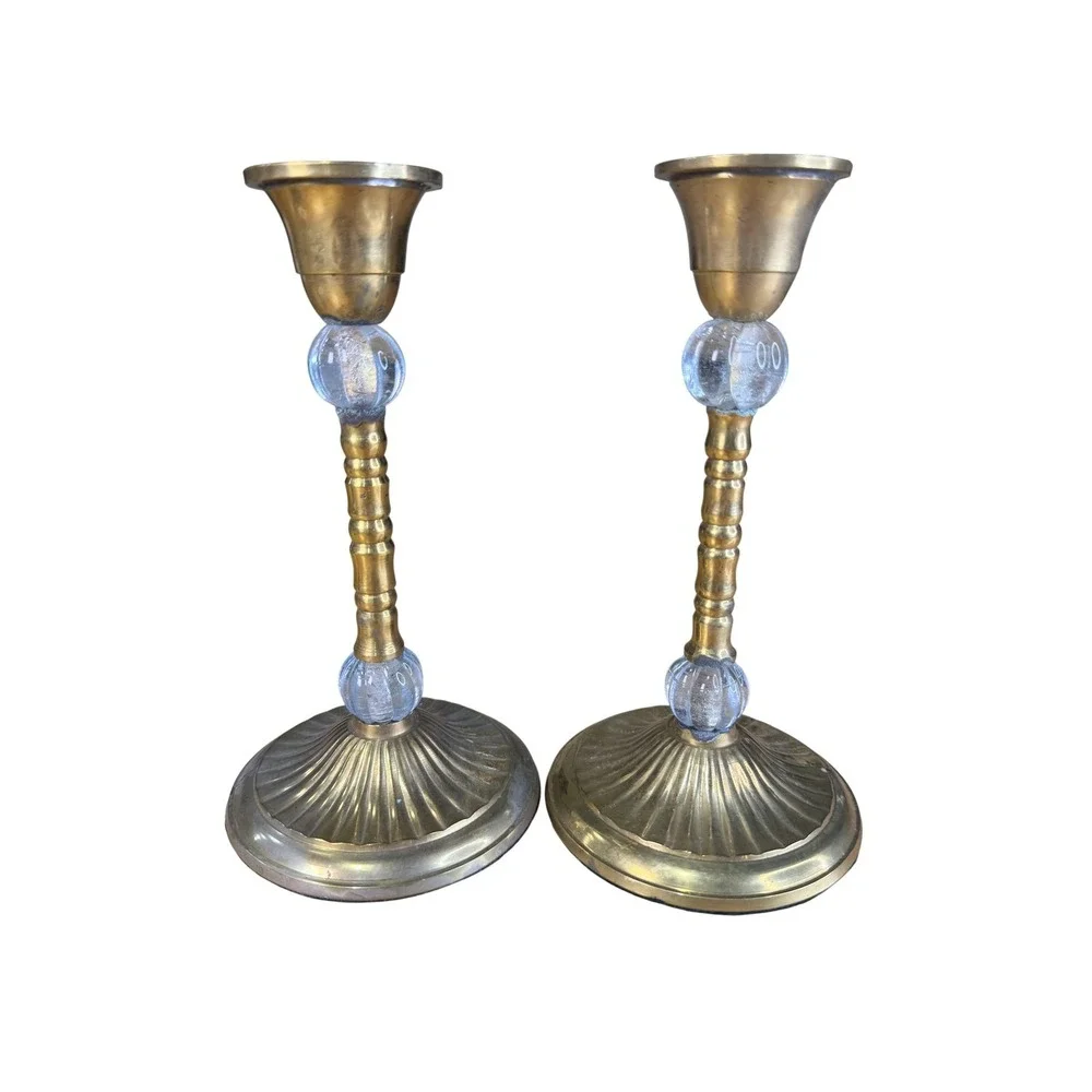 Gold Metal Glass Cobalt Candlestick Holders‎ Set 2 Traditional Taper Home Decor