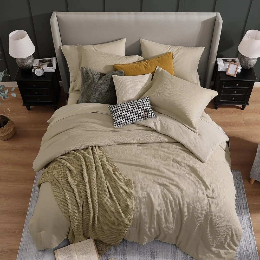 Queen Textured Comforter Set 3 Pieces Oatmeal Comforter + Pillowshams