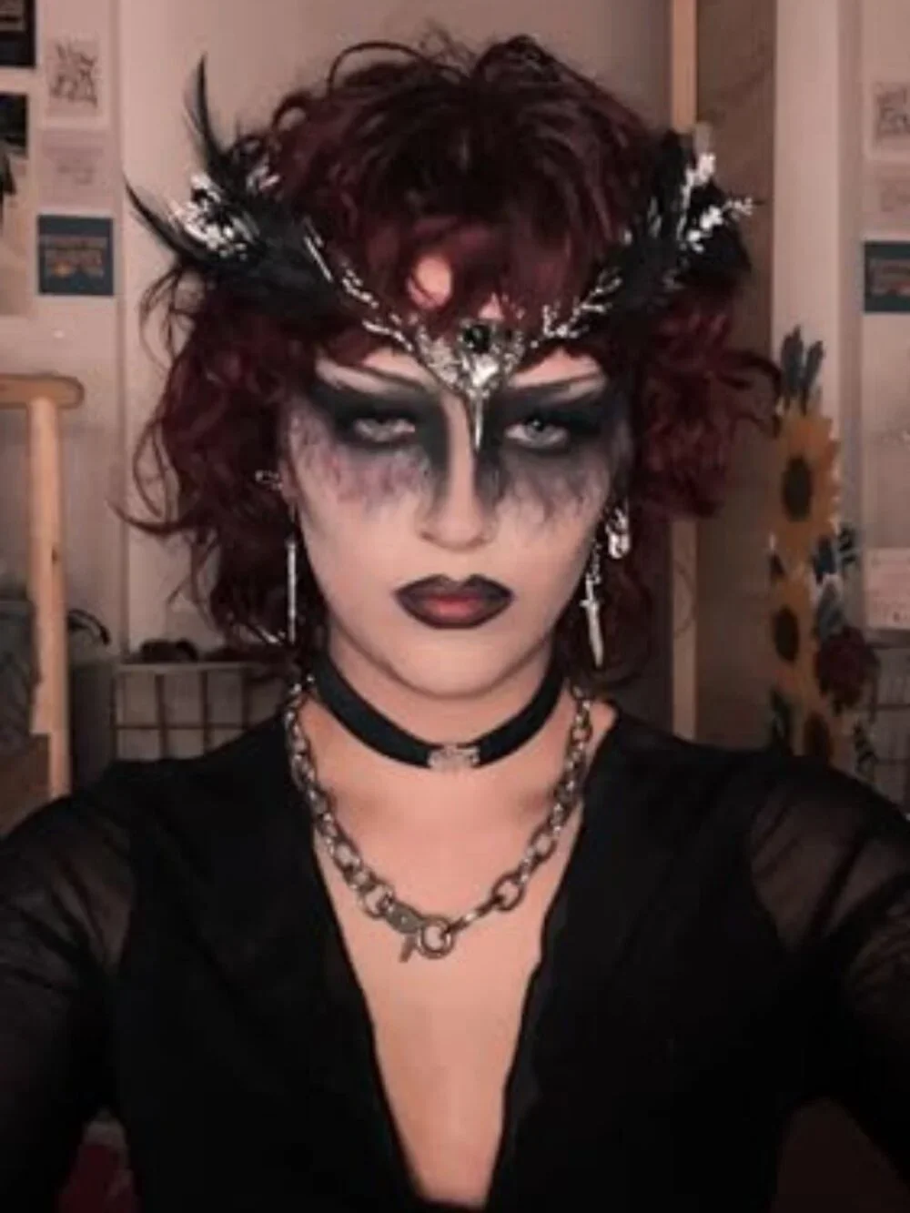 Handmade Black Gothic Raven Feather Crown Circlet with Skull