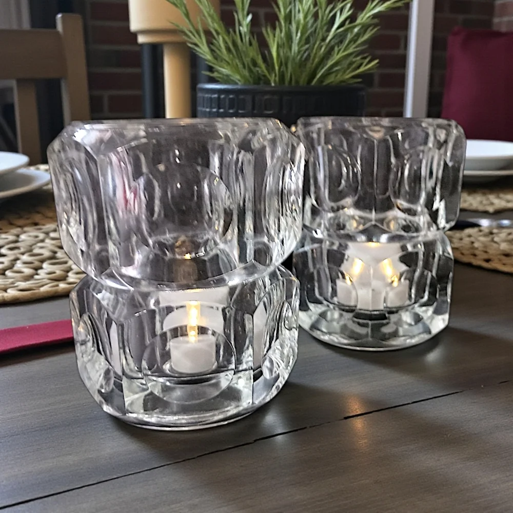 2 Vtg Modernist Crystal Candle Holders Block Cube Bohemia Glass Cubist Icy Clear