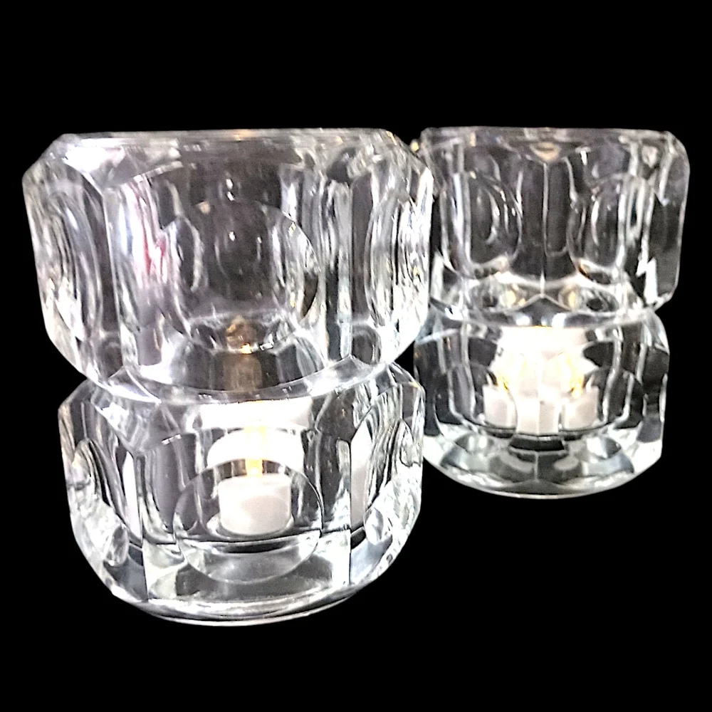 2 Vtg Modernist Crystal Candle Holders Block Cube Bohemia Glass Cubist Icy Clear