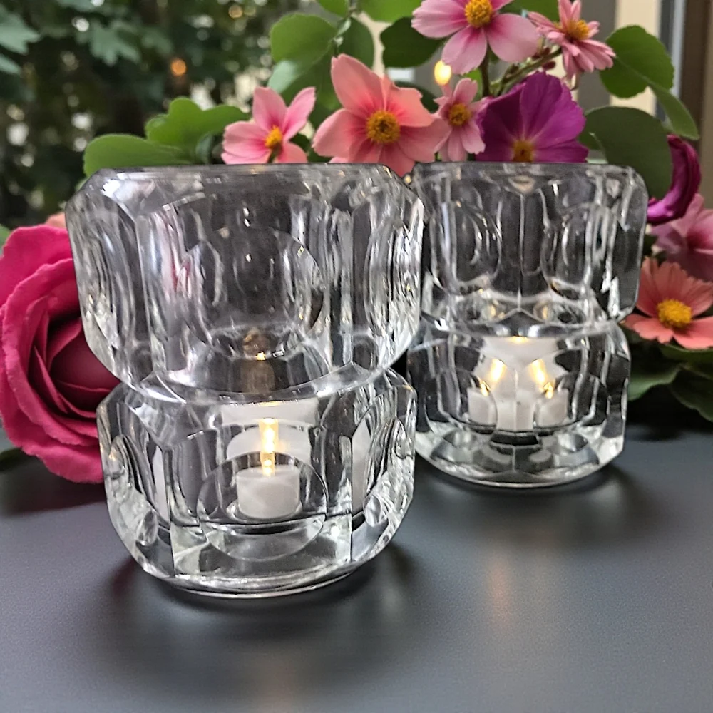 2 Vtg Modernist Crystal Candle Holders Block Cube Bohemia Glass Cubist Icy Clear