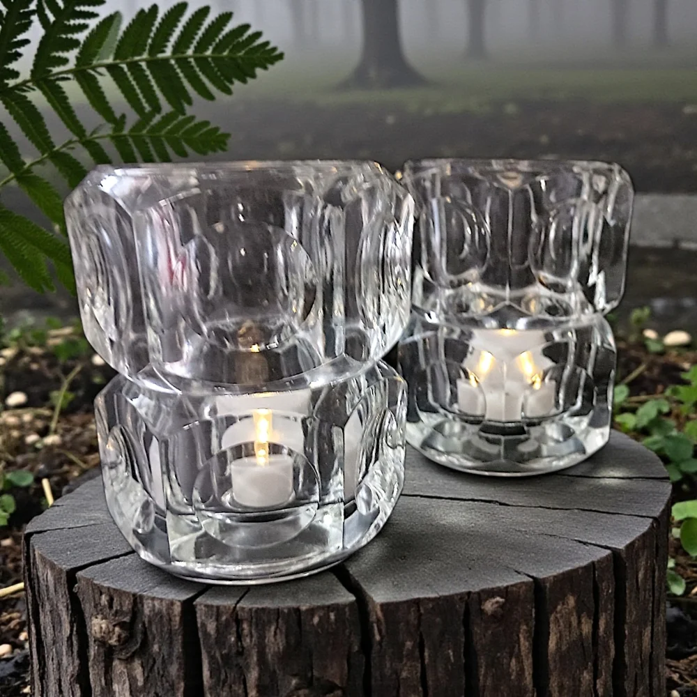 2 Vtg Modernist Crystal Candle Holders Block Cube Bohemia Glass Cubist Icy Clear