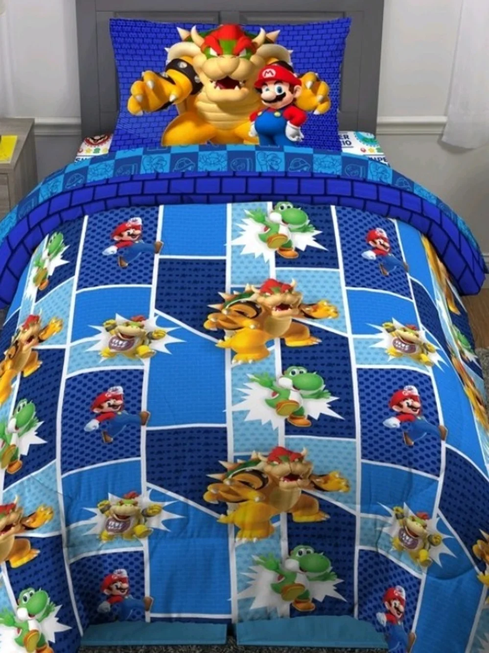 Super Mario Blue Kids Bedding Set - Mario Print Comforter and Pillowcase