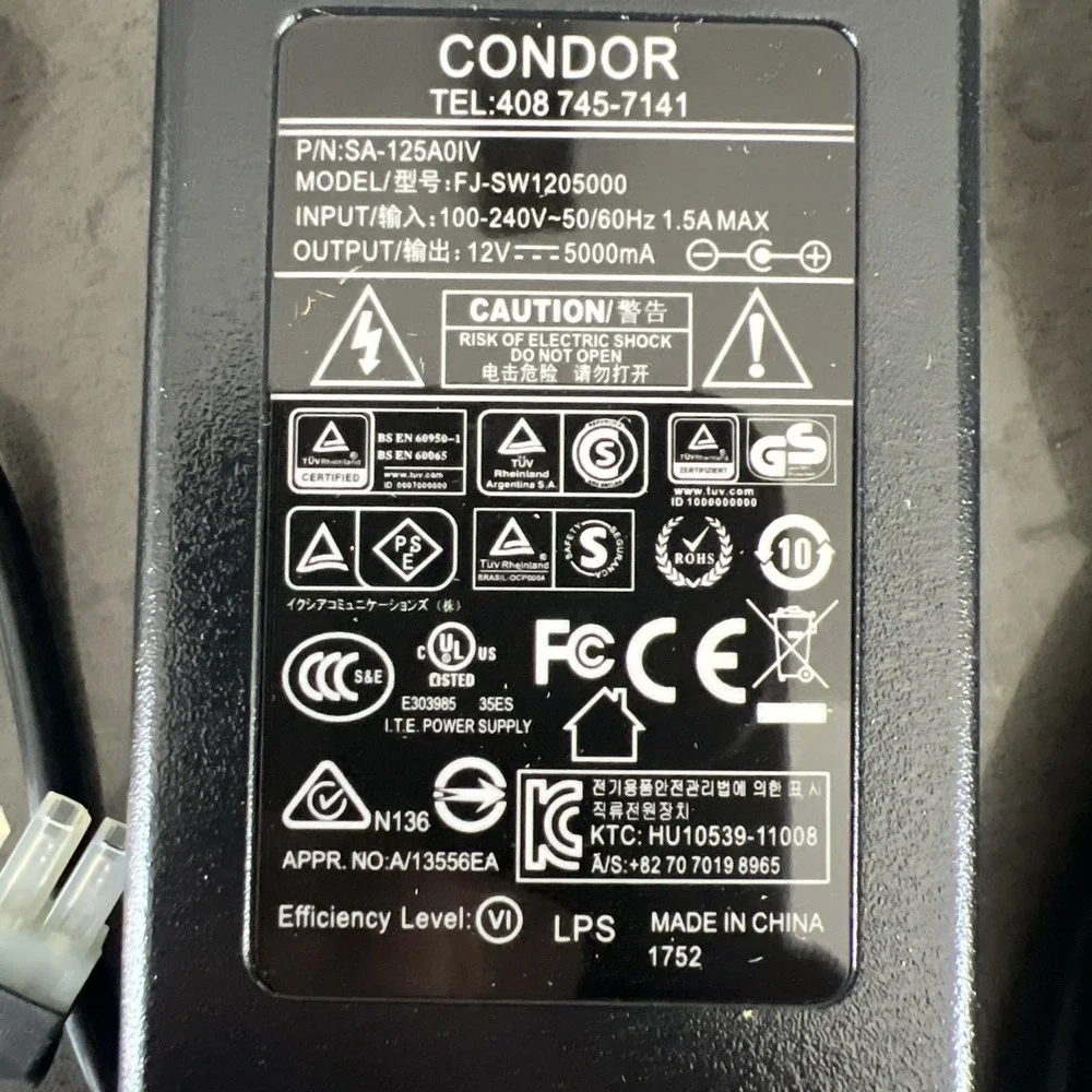 Condor FJ-SW1205000 AC/DC Power Adapter 12V 5A Molex 2-Pin SA-125A0IV