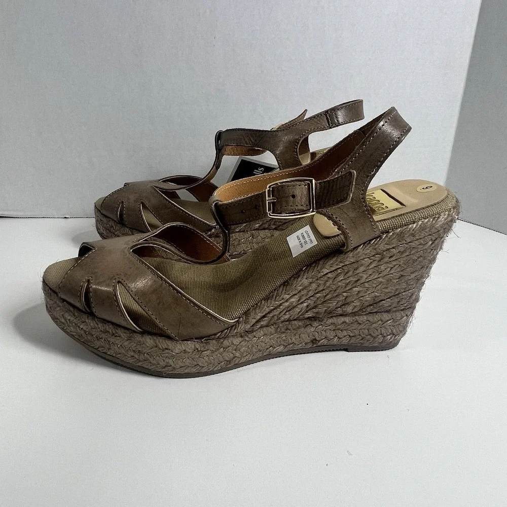 KANNA Women Brown Leather T-Strap Espadrille Wedge Sandals KV1519 Size 9 EU 39