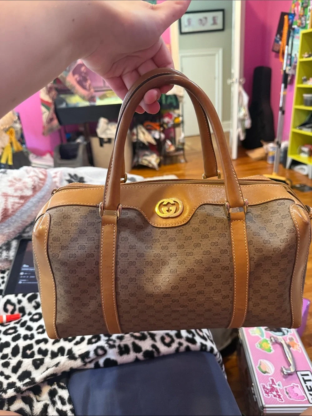 Authentic vintage Gucci Brown and Tan GG Canvas Satchel with Gold Hardware