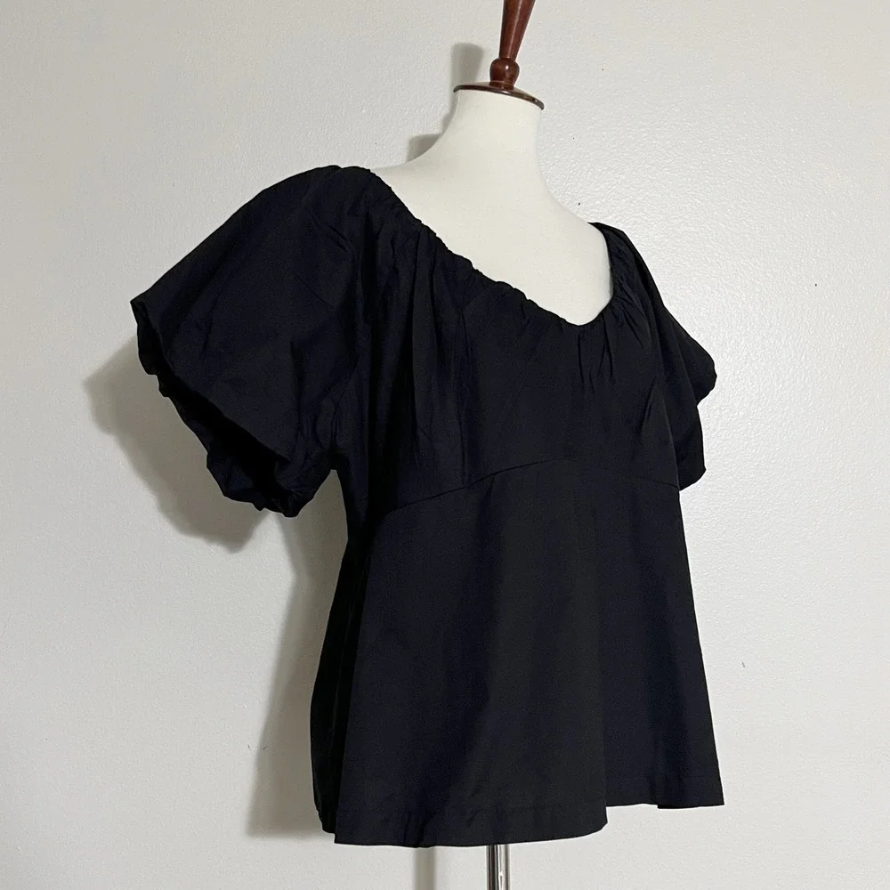 Old Navy Waist-Defined V-Neck Puff Sleeve Smocked Back Cotton Top Black Size XXL
