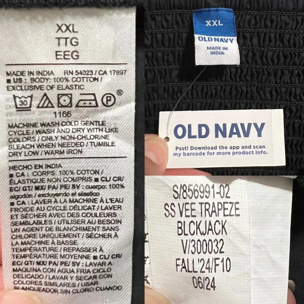 Old Navy Waist-Defined V-Neck Puff Sleeve Smocked Back Cotton Top Black Size XXL