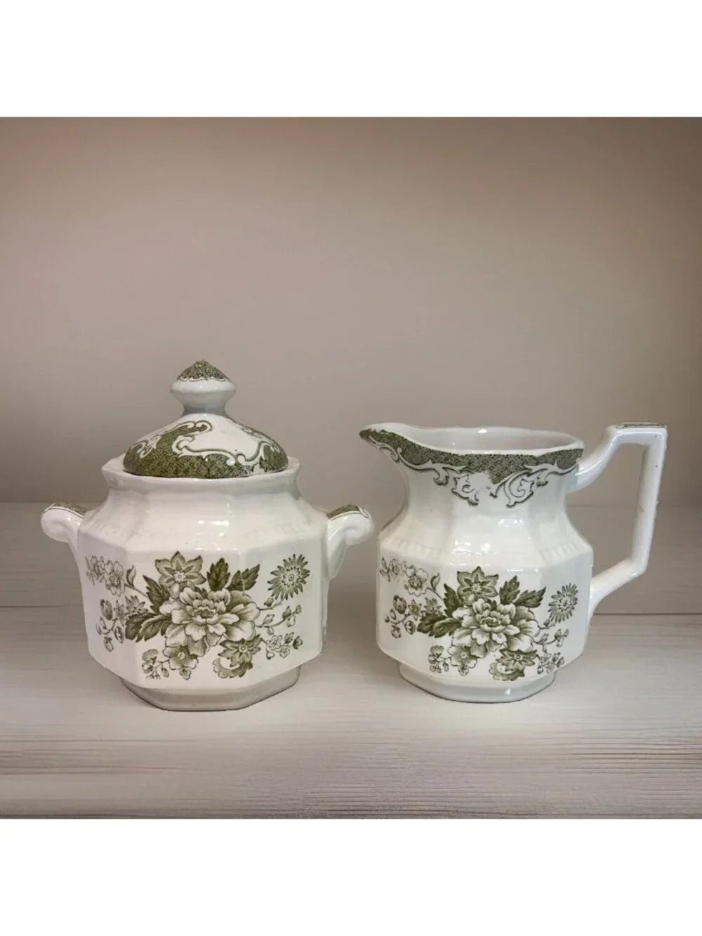 Kensington Balmoral Creamer & Sugar Bowl Staffordshire Ironstone Green England