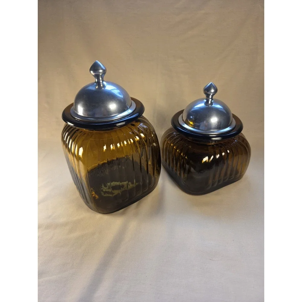 VINTAGE APOTHECARY ARTLAND AMBER RIBBED GLASS CANISTERS PEWTER with LIDS
