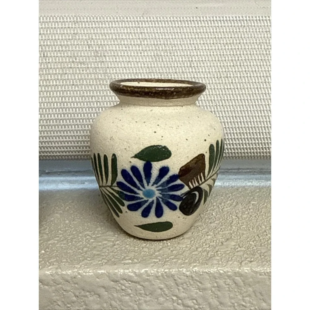 Set of 3 Vintage Tonala Mini Pottery Bud Vases Hand Painted Flowers-Mexico‎