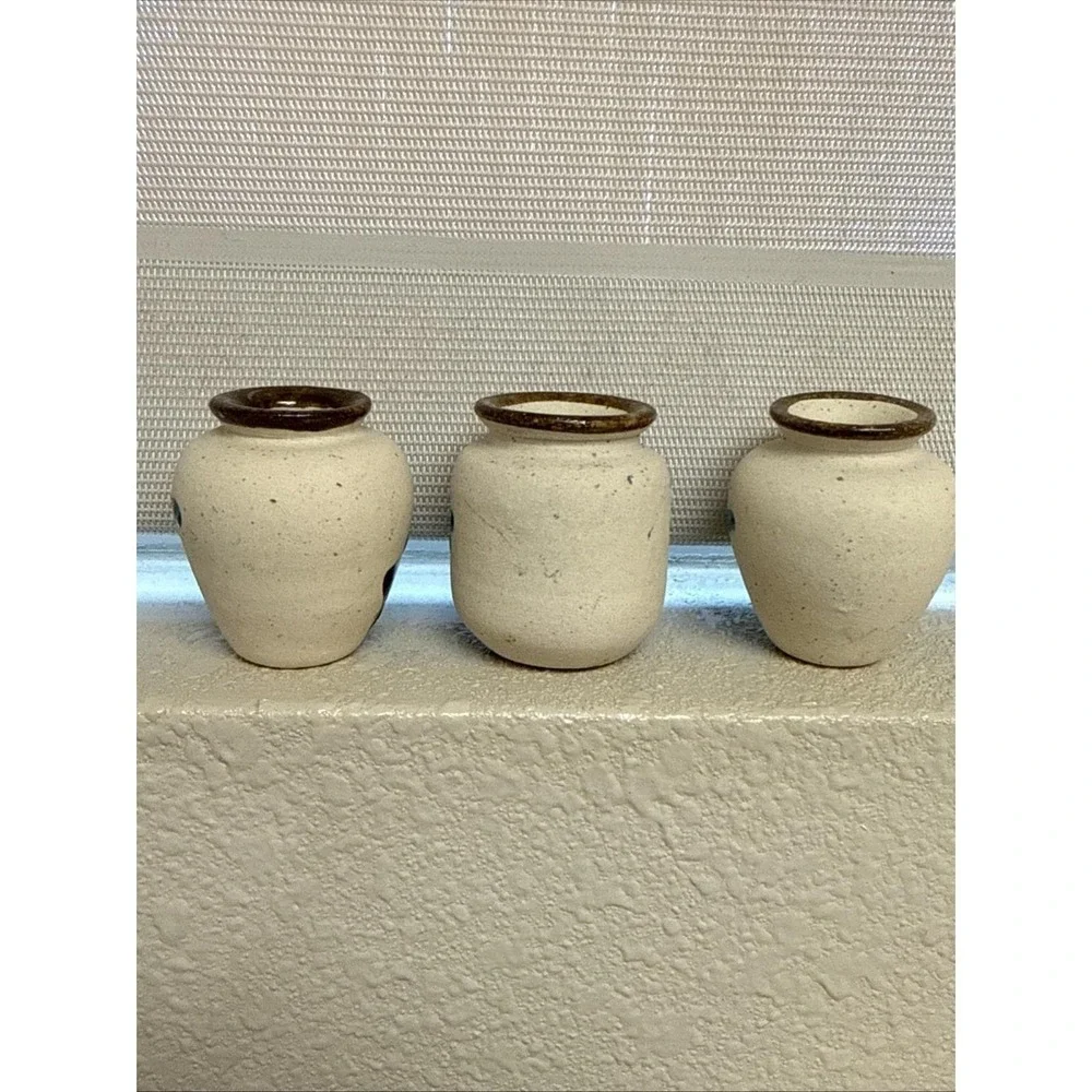 Set of 3 Vintage Tonala Mini Pottery Bud Vases Hand Painted Flowers-Mexico‎