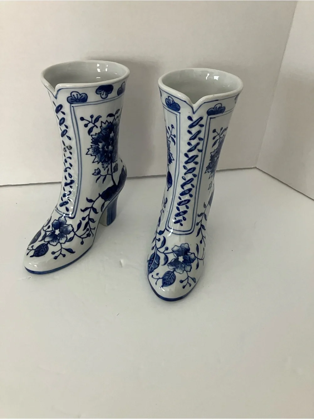 Vintage Blue and White Floral Boot Vases
