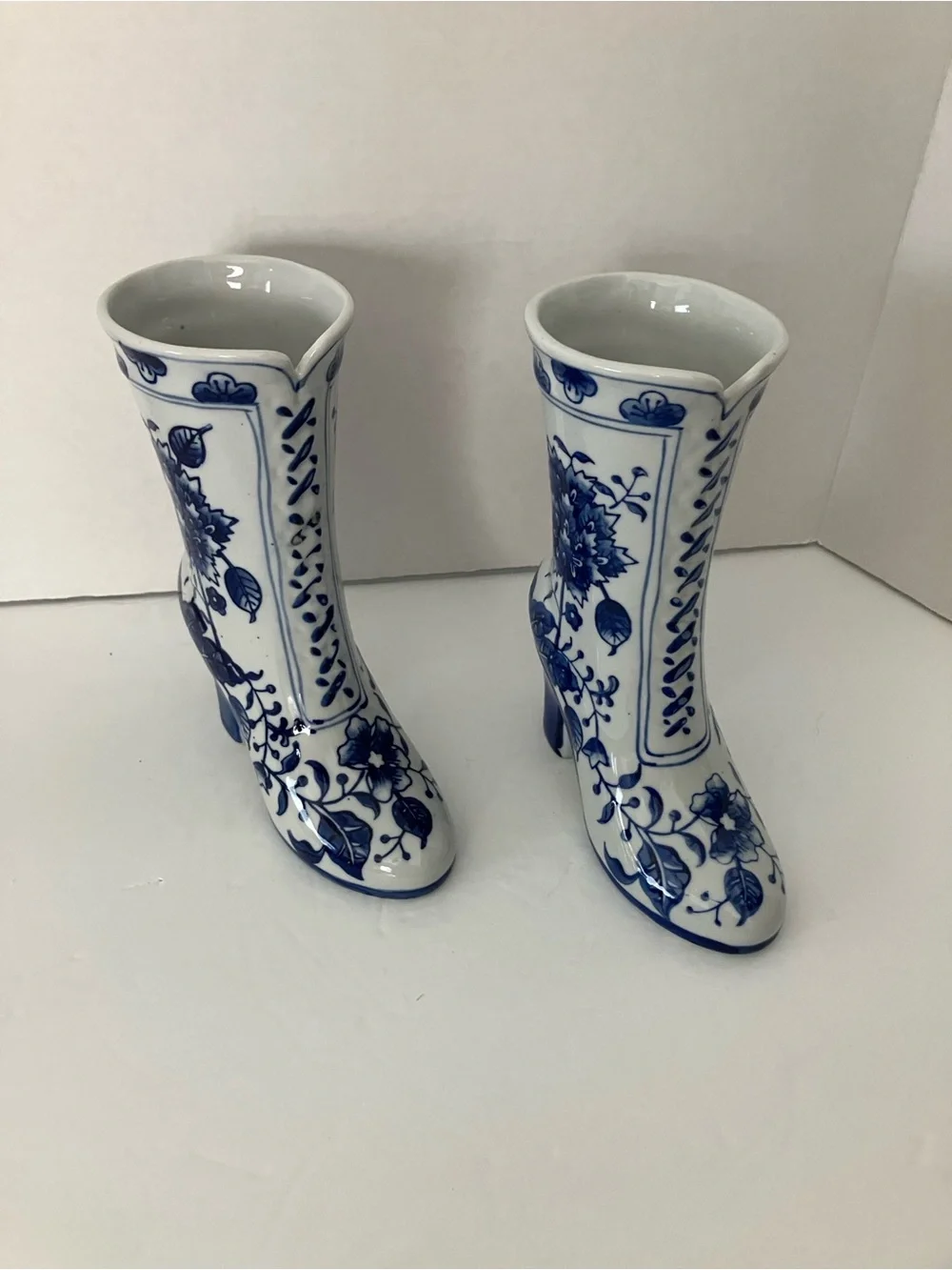Vintage Blue and White Floral Boot Vases