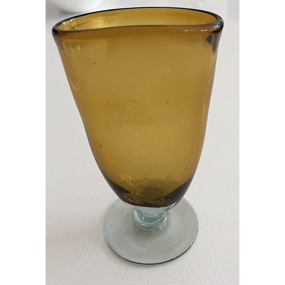 Vtg Hand blown Amber Fan Vase Art Deco Footed Clear Glass Vase