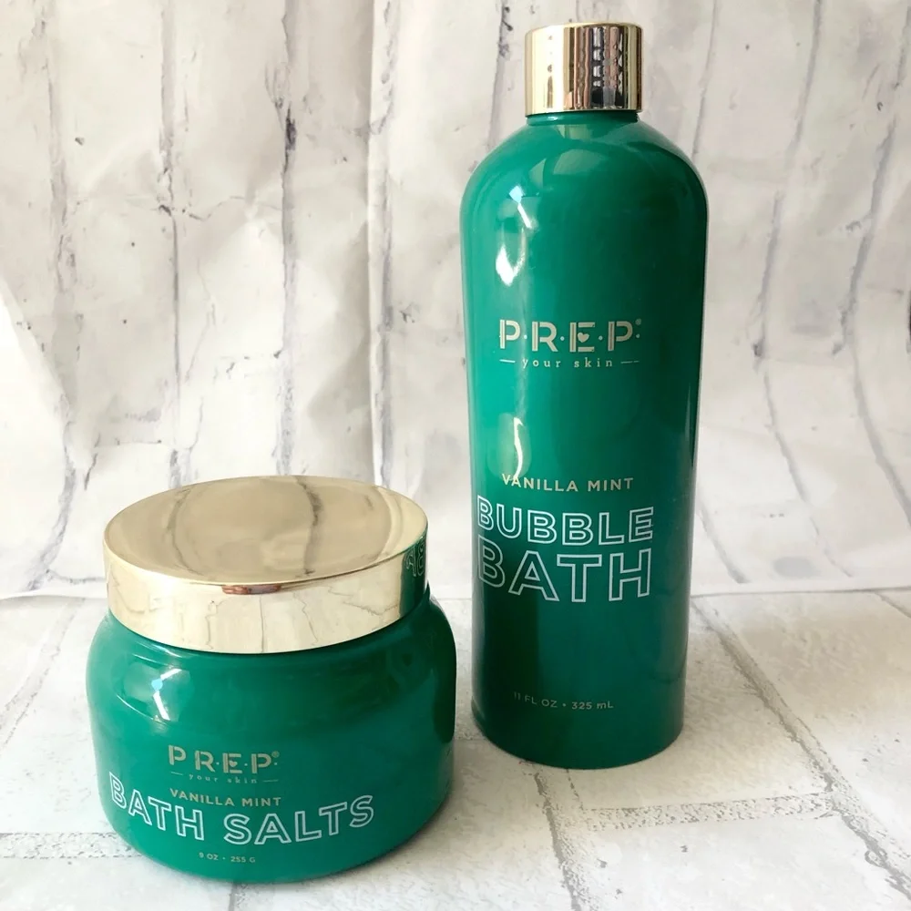 PREP Your Skin Vanilla Mint Bath Set Bubble Bath 11oz & Bath Salts Scrub 9oz