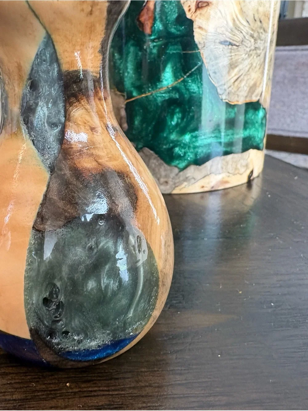 Handcrafted Wood and Emerald Resin Decorative Vase - Green Accent