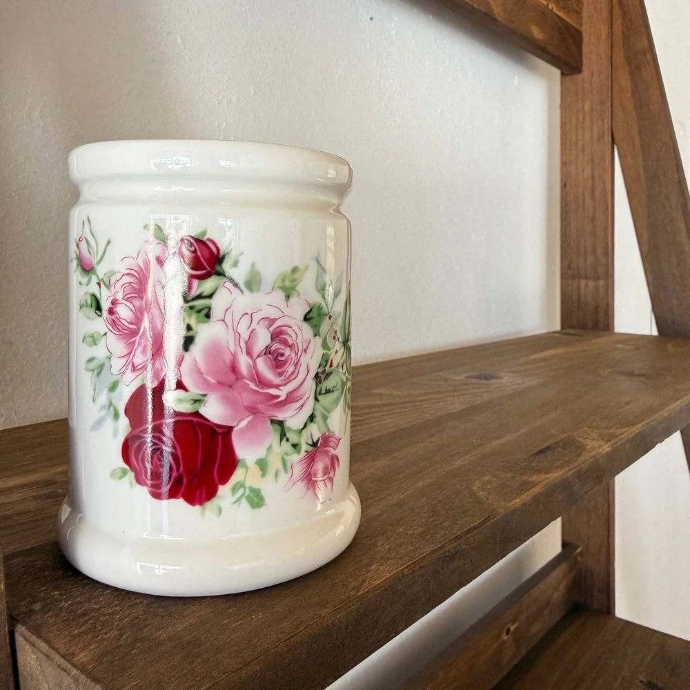 Vintage Style Ceramic Rose Floral Canister Pink Cream Shabby Chic Cottagecore