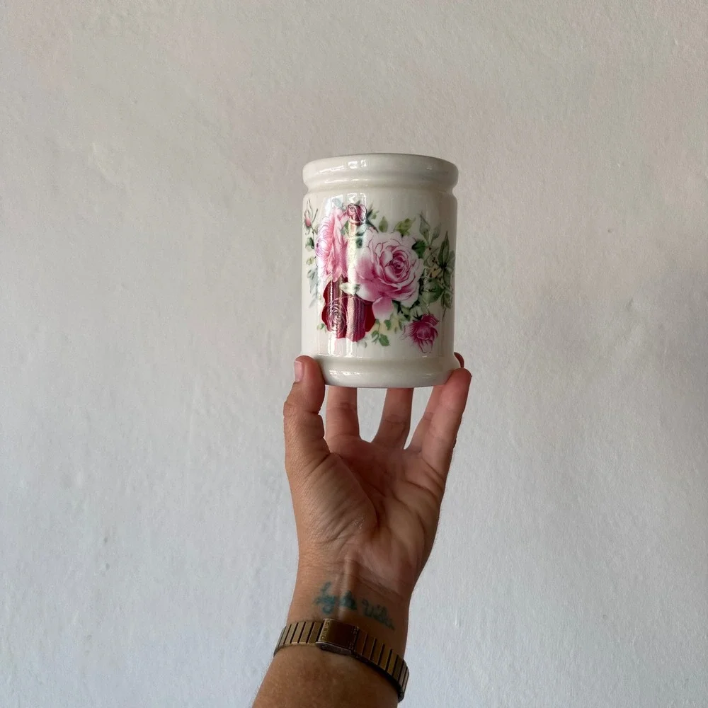 Vintage Style Ceramic Rose Floral Canister Pink Cream Shabby Chic Cottagecore