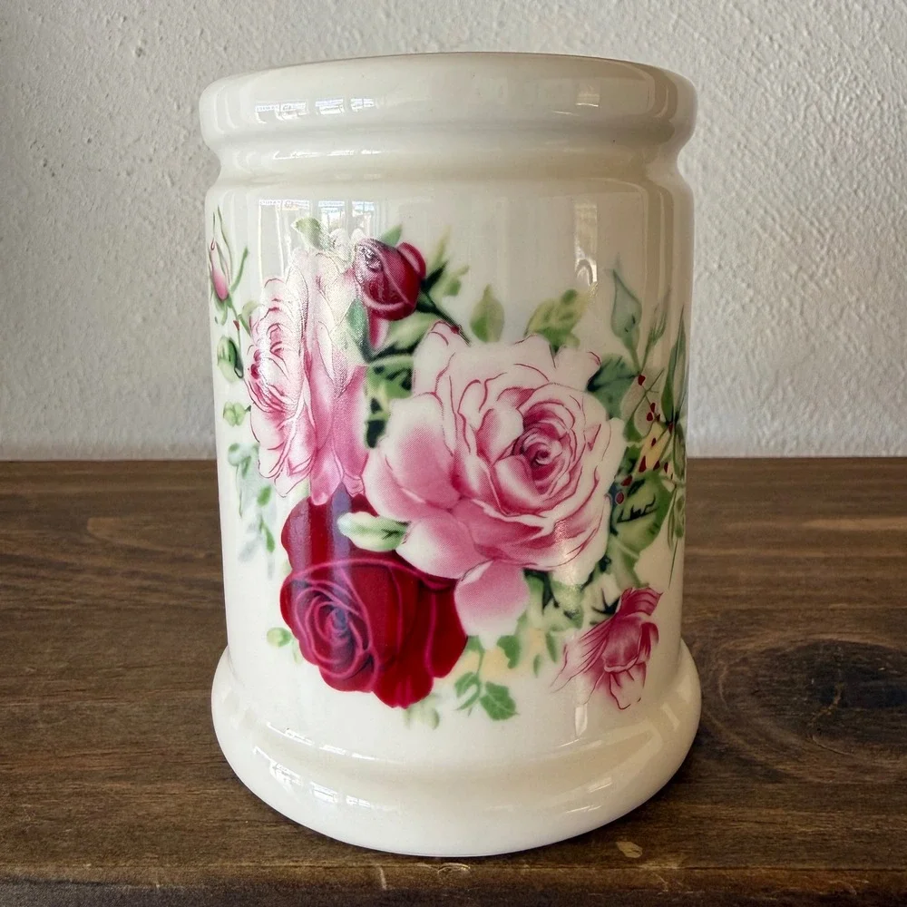 Vintage Style Ceramic Rose Floral Canister Pink Cream Shabby Chic Cottagecore