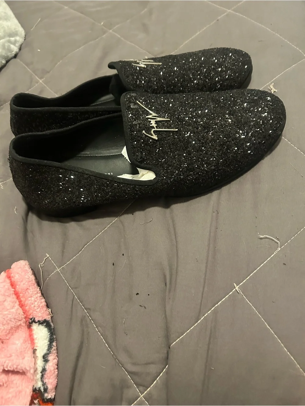 Giuseppe Zanotti Men's Black Sparkle Glitter Slip-On Loafers with Gold Logo