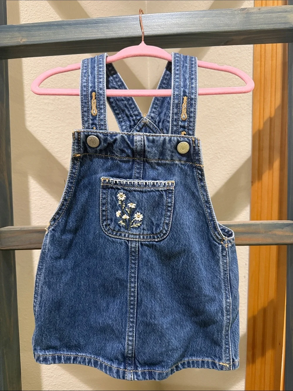 Old Navy Dark Blue Denim Overall Dress with Floral Embroidery