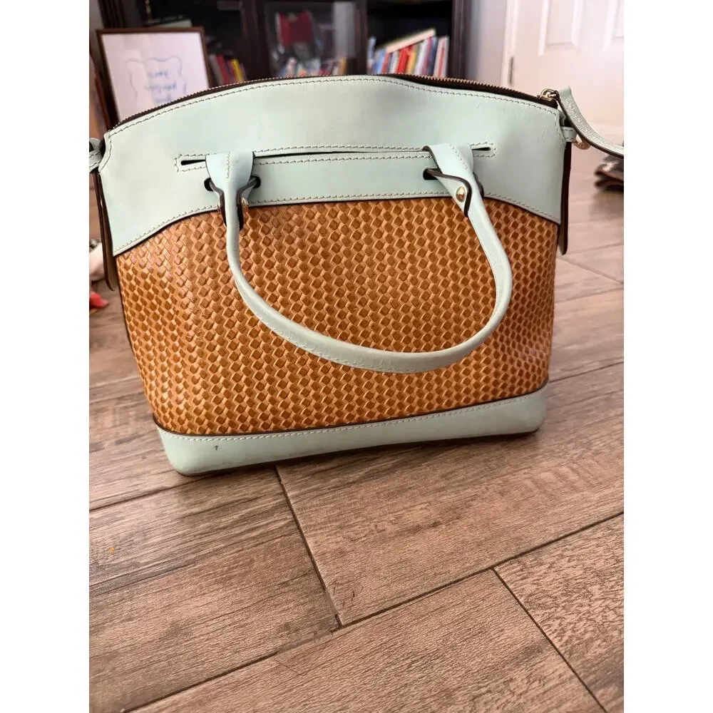 Dooney & Bourke Satchel Bag Woven Embossed Leather Woven Domed Brown Blue