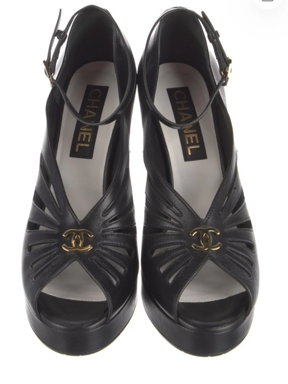 CHANEL Black Leather Cutout Peep-Toe Ankle-Strap Platform Heels
