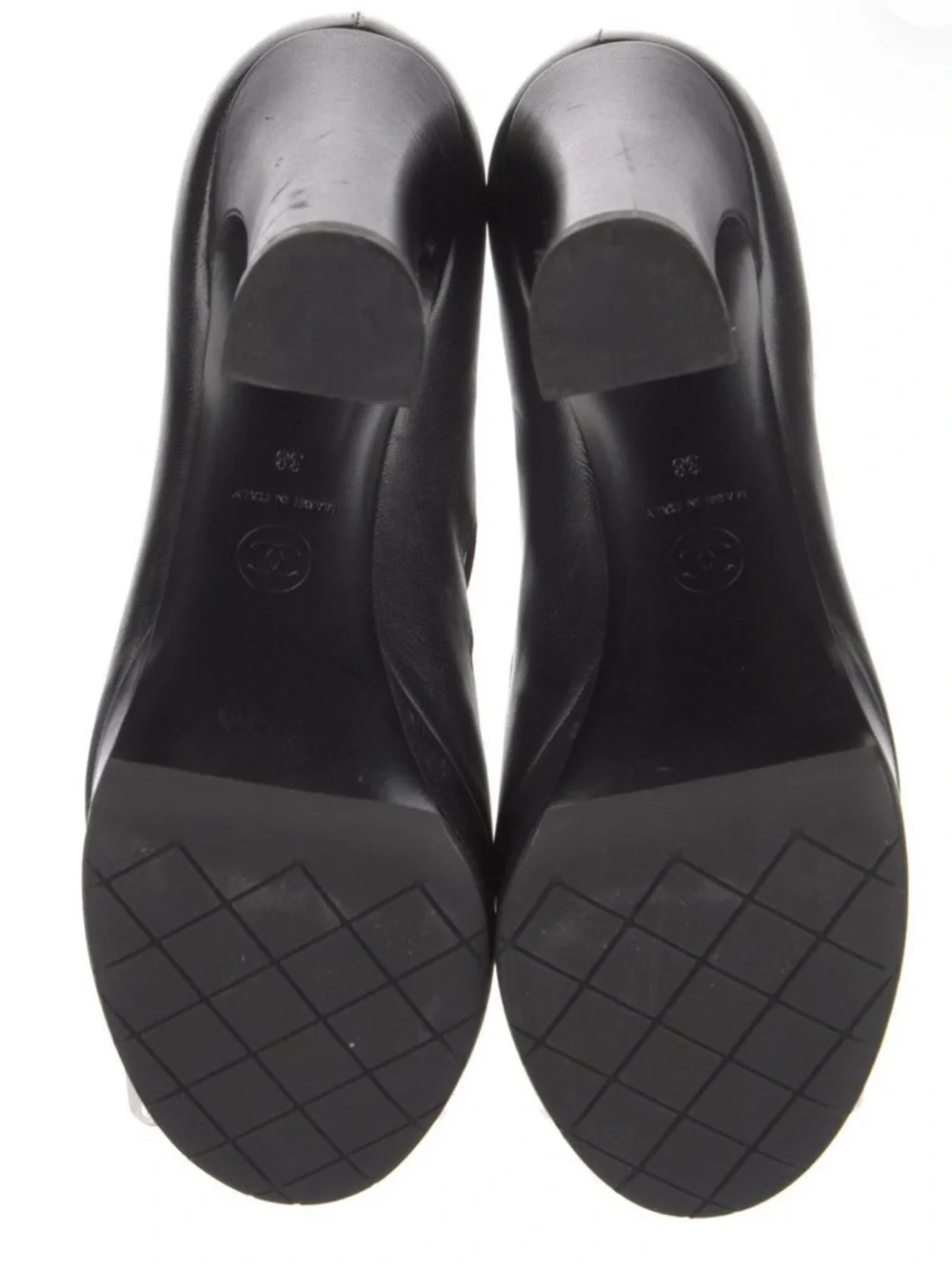 CHANEL Black Leather Cutout Peep-Toe Ankle-Strap Platform Heels