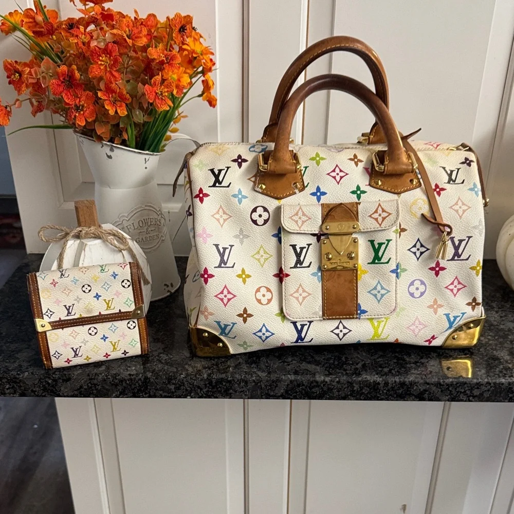 Louis Vuitton White Multicolor Monogram Satchel with Tan Leather Trim