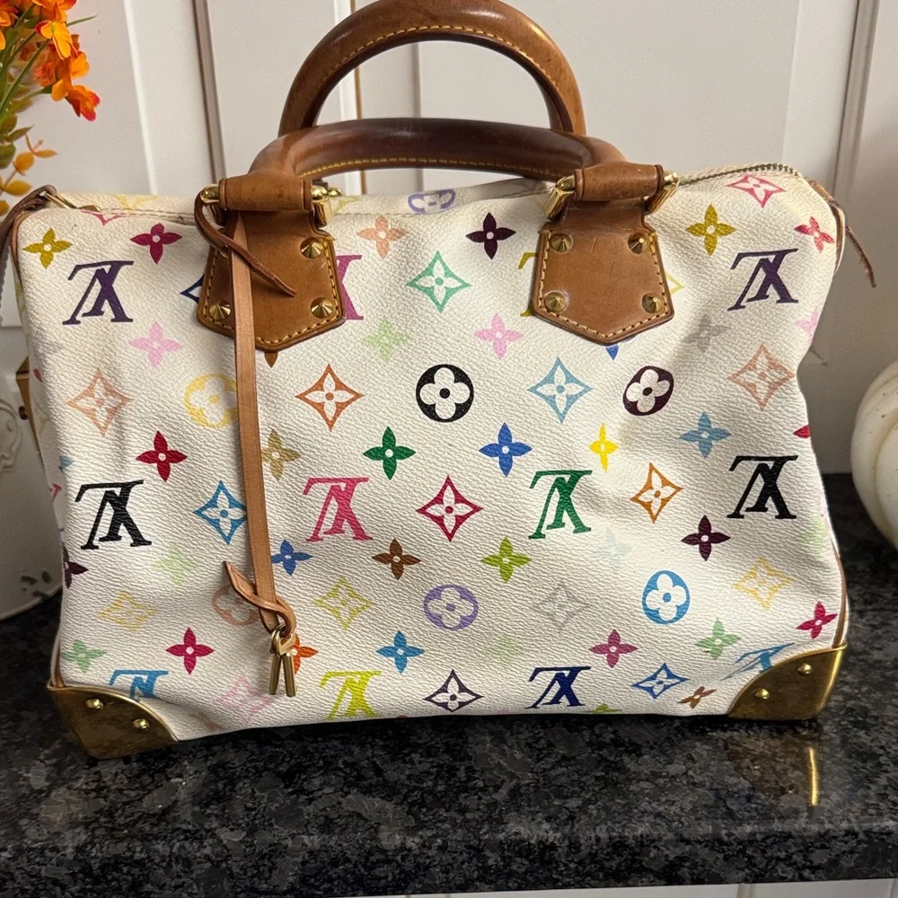 Louis Vuitton White Multicolor Monogram Satchel with Tan Leather Trim