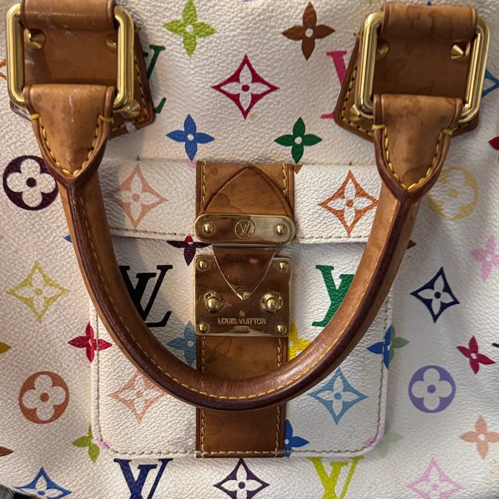 Louis Vuitton White Multicolor Monogram Satchel with Tan Leather Trim
