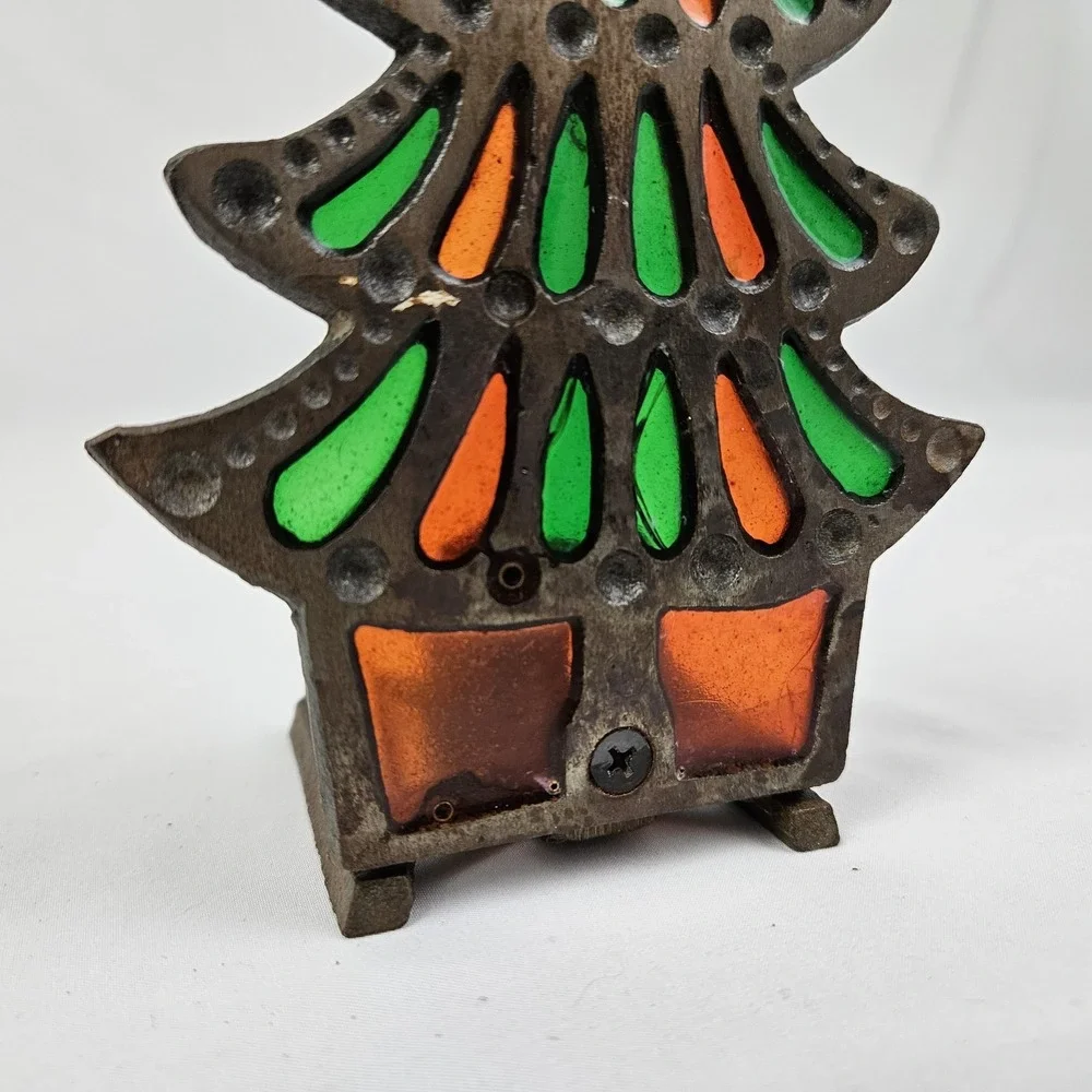 Vintage Cast Iron Glo-Candle Holder Stained Glass Tiffany Style 1977 Christmas