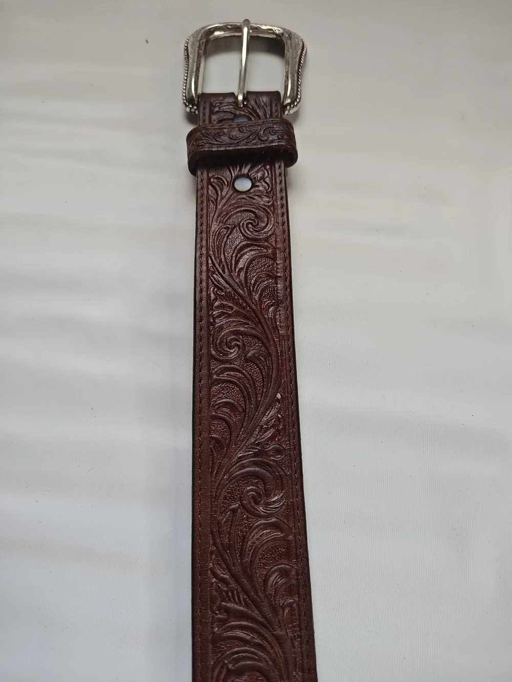Silver Creek Vintage 1995 Tooled Leather Western Belt Brown Silver Buckle 38