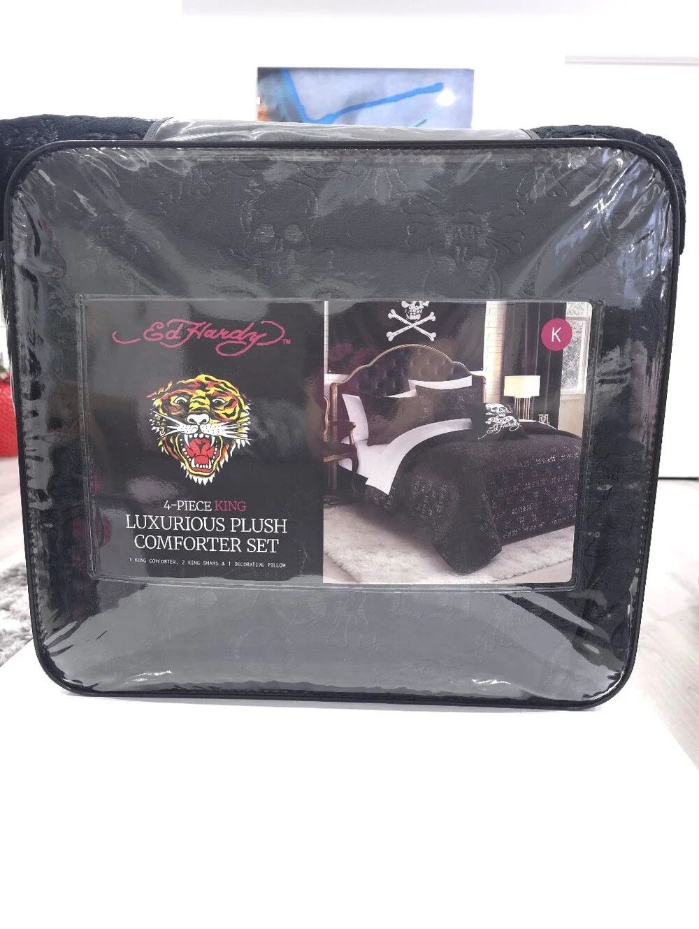 Ed Hardy KING 4-Piece Skull Embossed Black Comforter Set Set