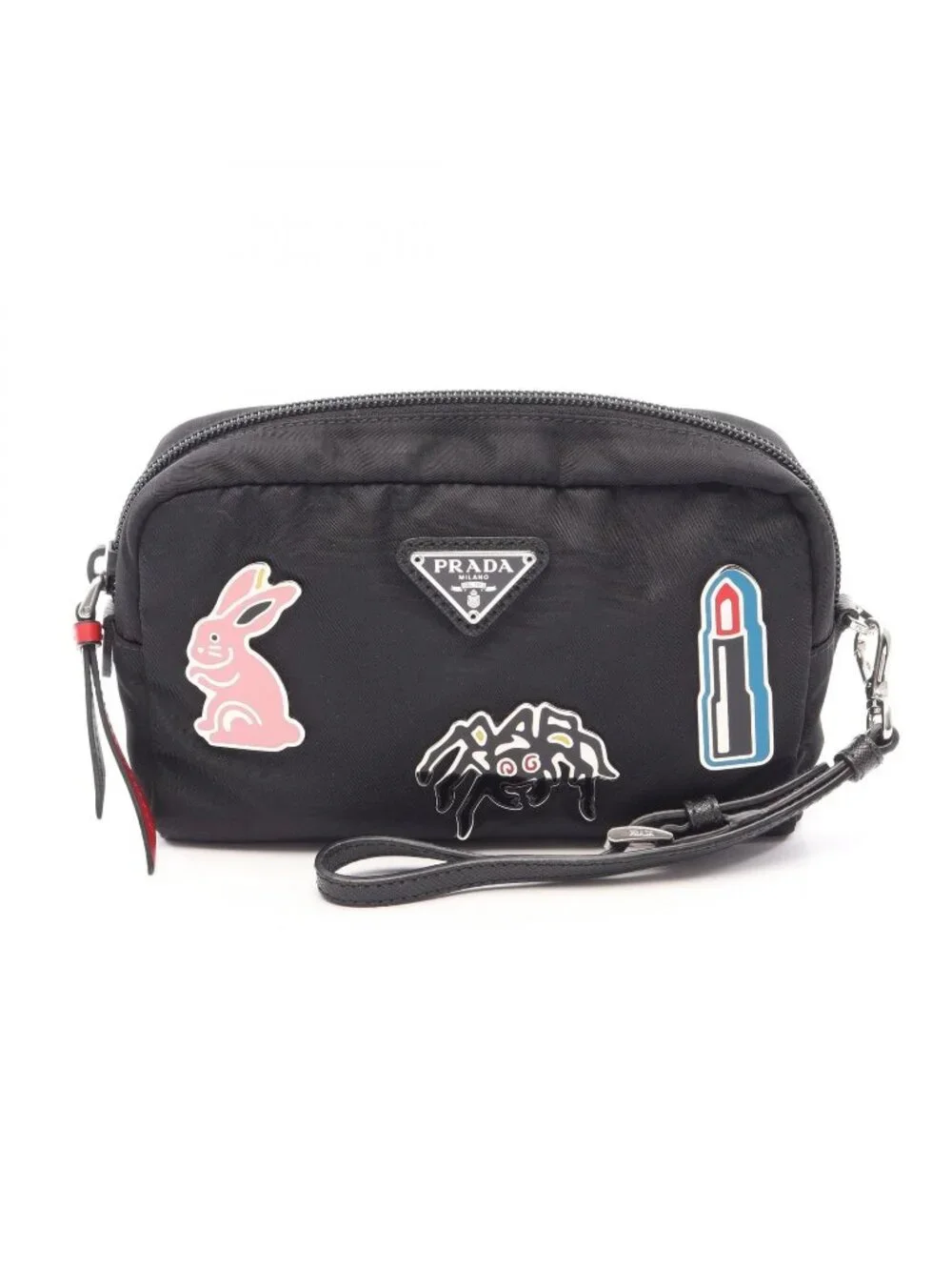 Prada Pouch Black Nylon Saffiano Leather Metal Applique