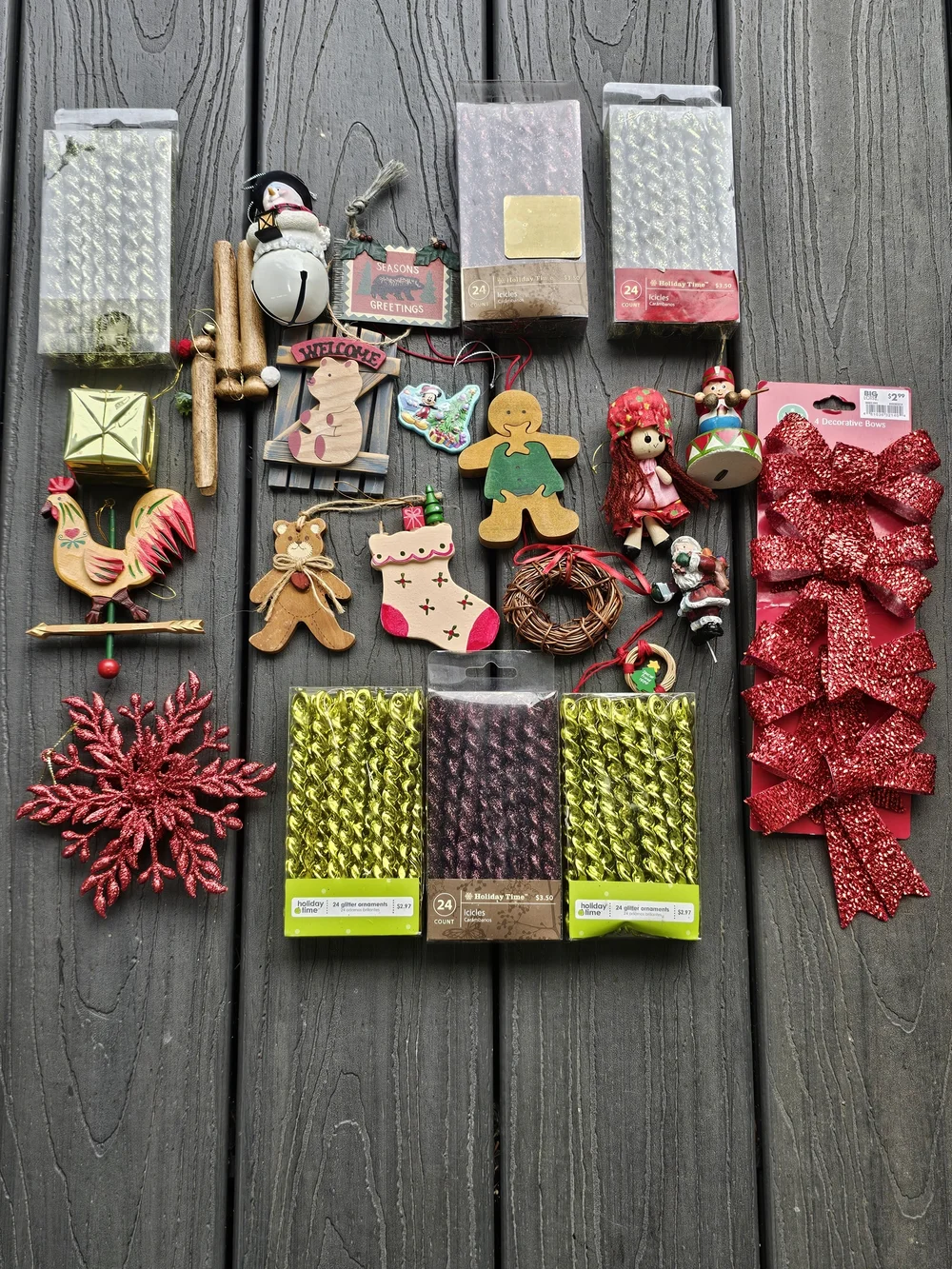 Vintage Christmas Ornament Craft Lot Holiday Time Icicles Tinsel Bows Wooden Dec