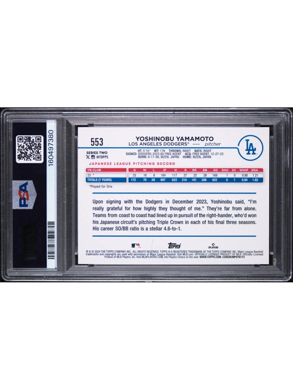 2024 Topps 582 Montgomery  Foil #553 Yoshinobu Yamamoto Rookie (RC) PSA 10