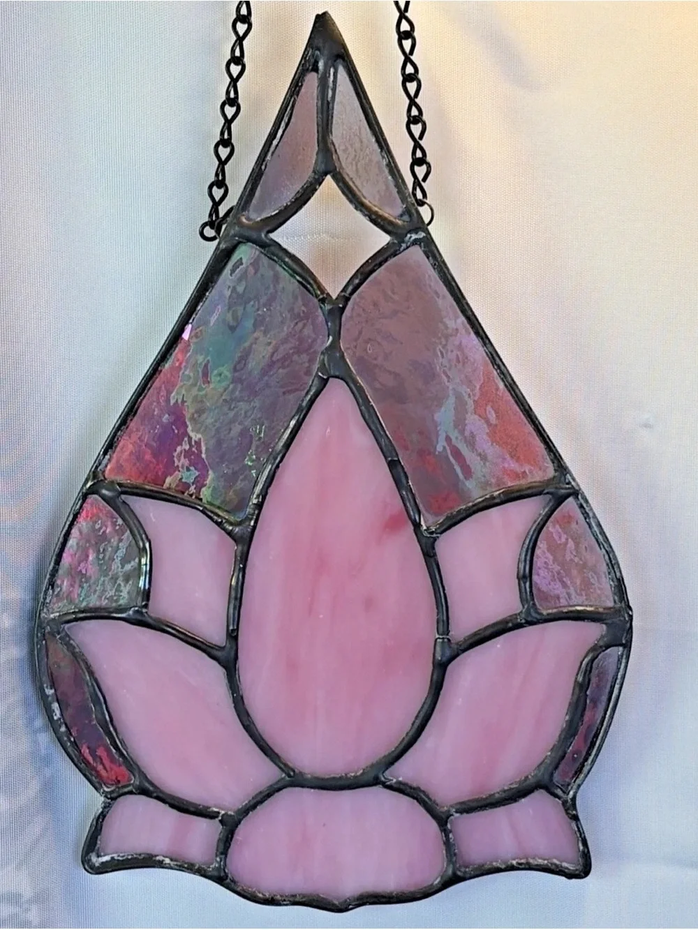 Teardrop Shaped Pink Lotus Stained Glass Sun Catcher Window Hanging 9
