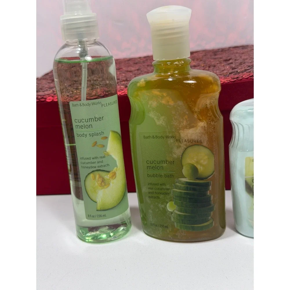 Bath & Body Works Cucumber Melon‎ Pleasures Vintage Gift Set  Sequin Box 4pc