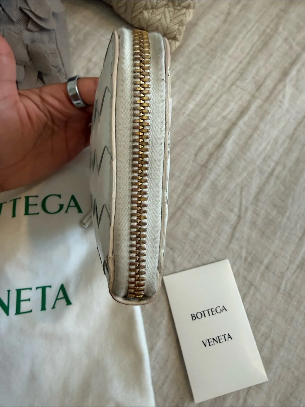 Bottega Veneta White  Zip Wallet