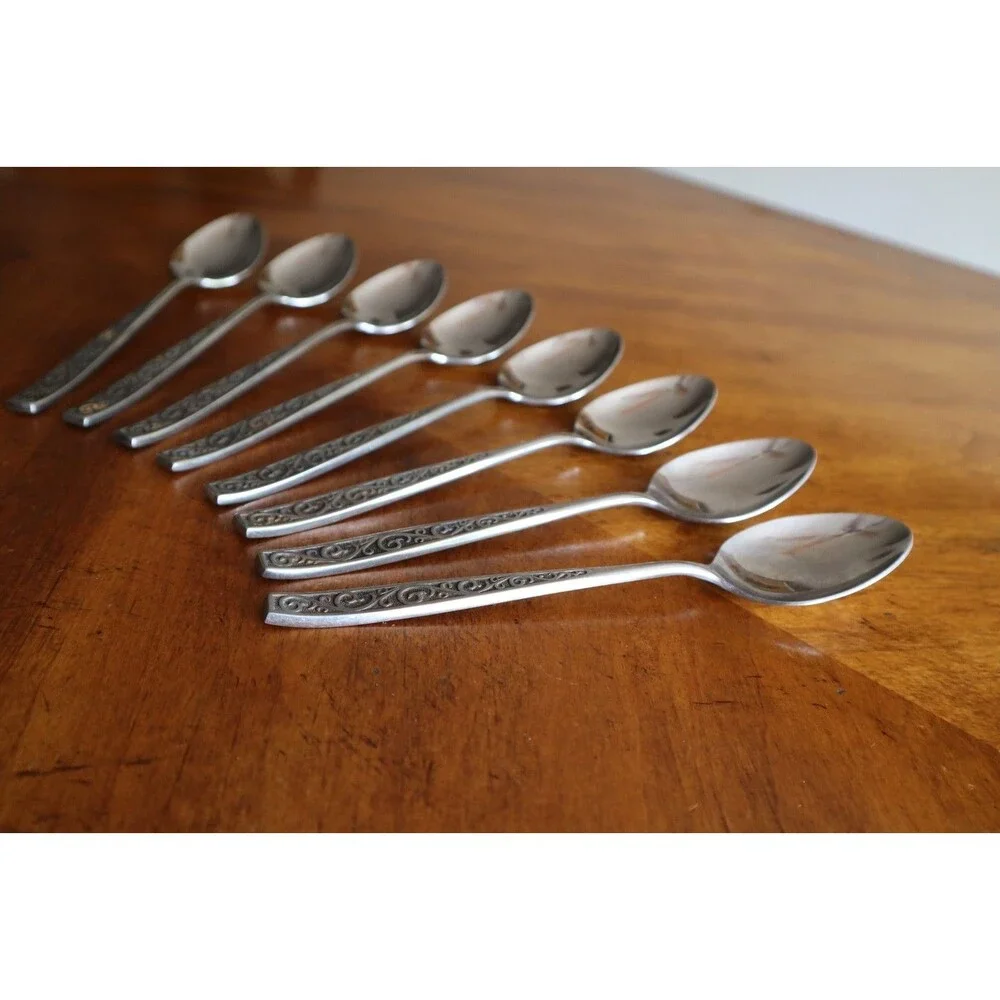 Lot 8x Imperial International IIC DAVOS Stainless Black Floral Table Spoon 7.5