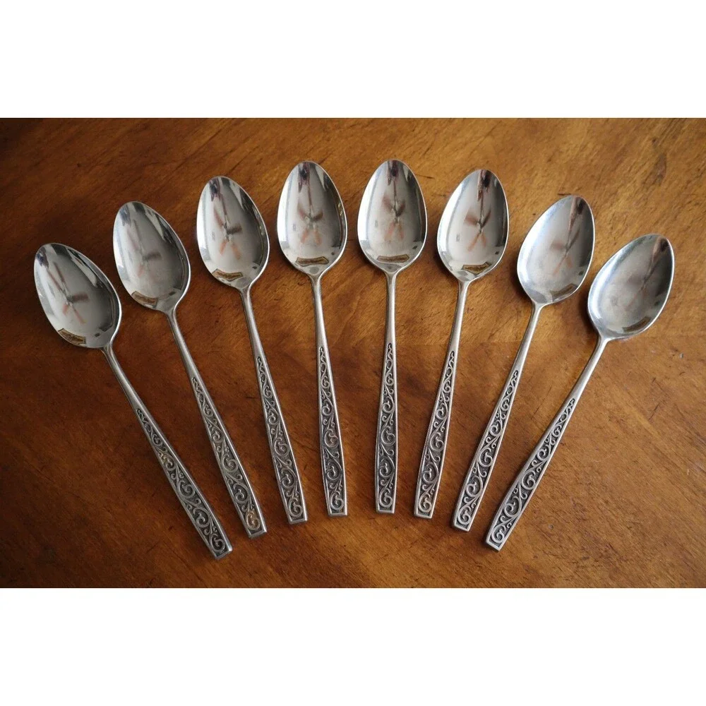 Lot 8x Imperial International IIC DAVOS Stainless Black Floral Table Spoon 7.5