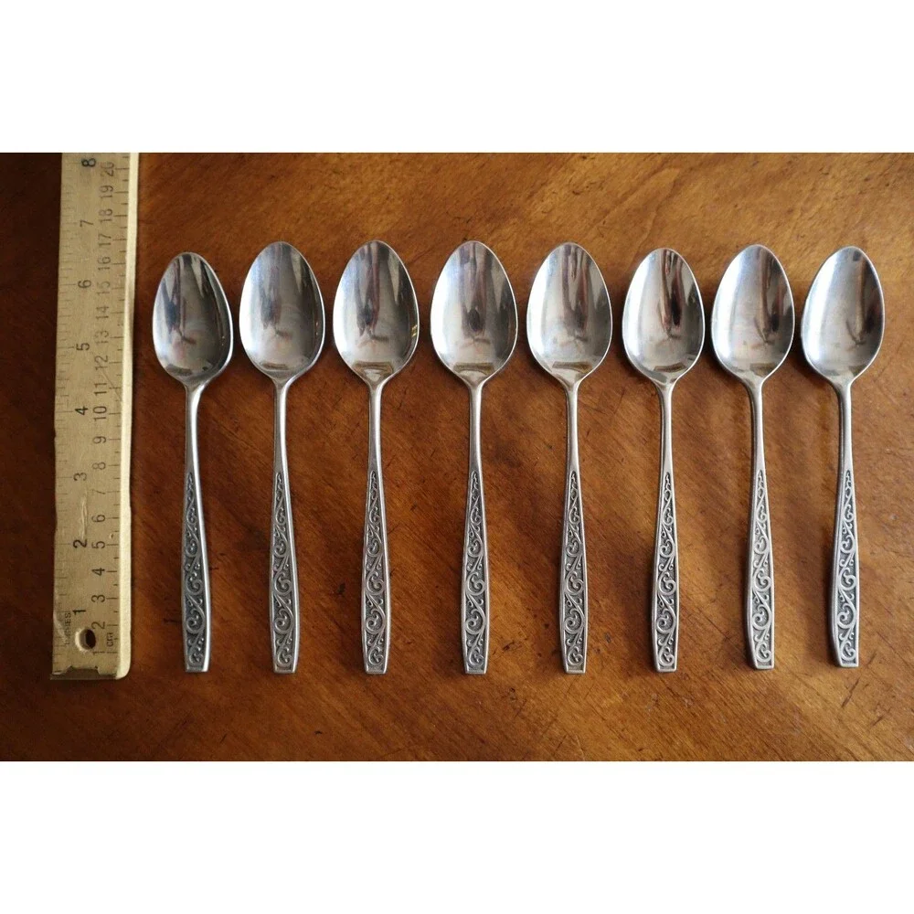 Lot 8x Imperial International IIC DAVOS Stainless Black Floral Teaspoon 6.4