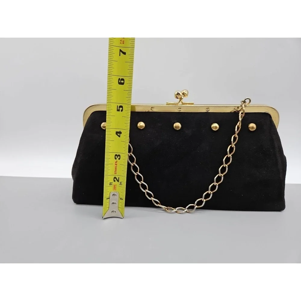 Vintage Black Suede Kiss Lock Evening Clutch Gold Studded Chain Strap Bag