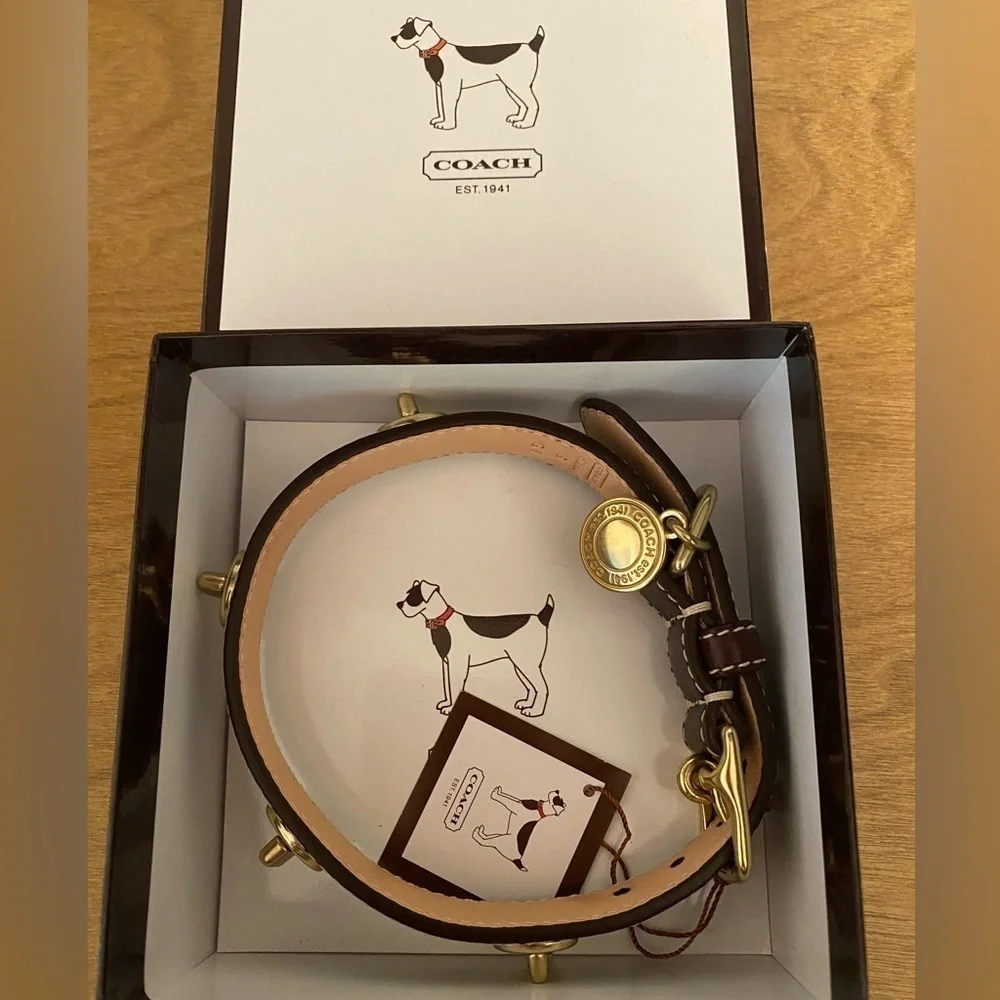 COACH New Turn Lock Brass Brown Leather Dog Collar- Rare Find