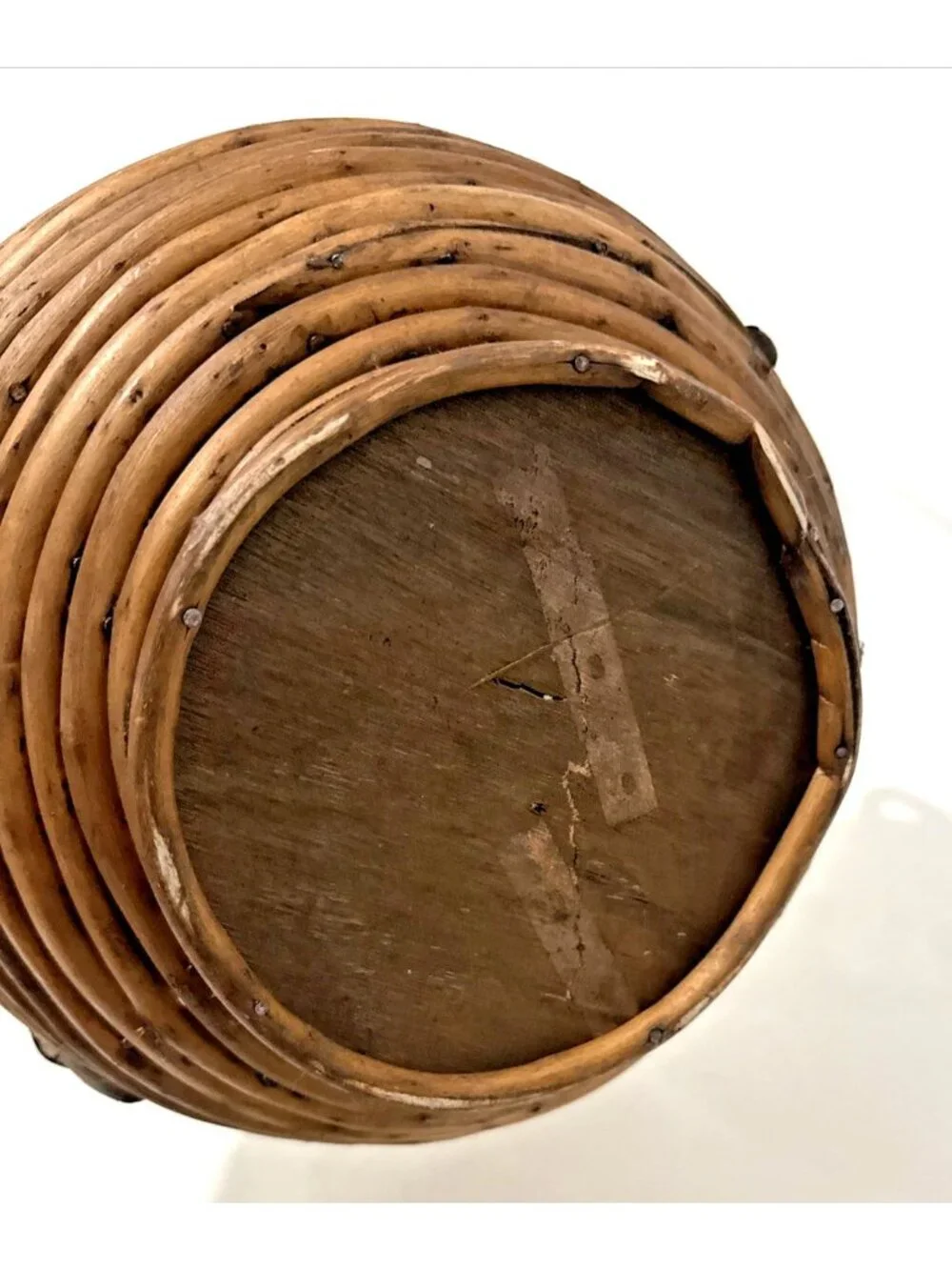 Vintage MCM Pencil Reed Coiled Basket Lidded With Handles Made in Italy
