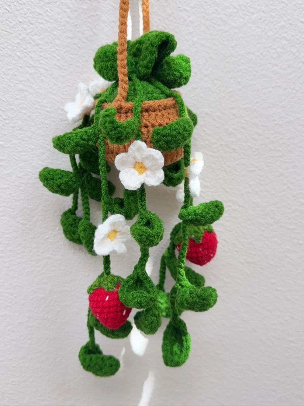 Handmade Crochet Hanging Strawberry Plant Decor - Green & Red