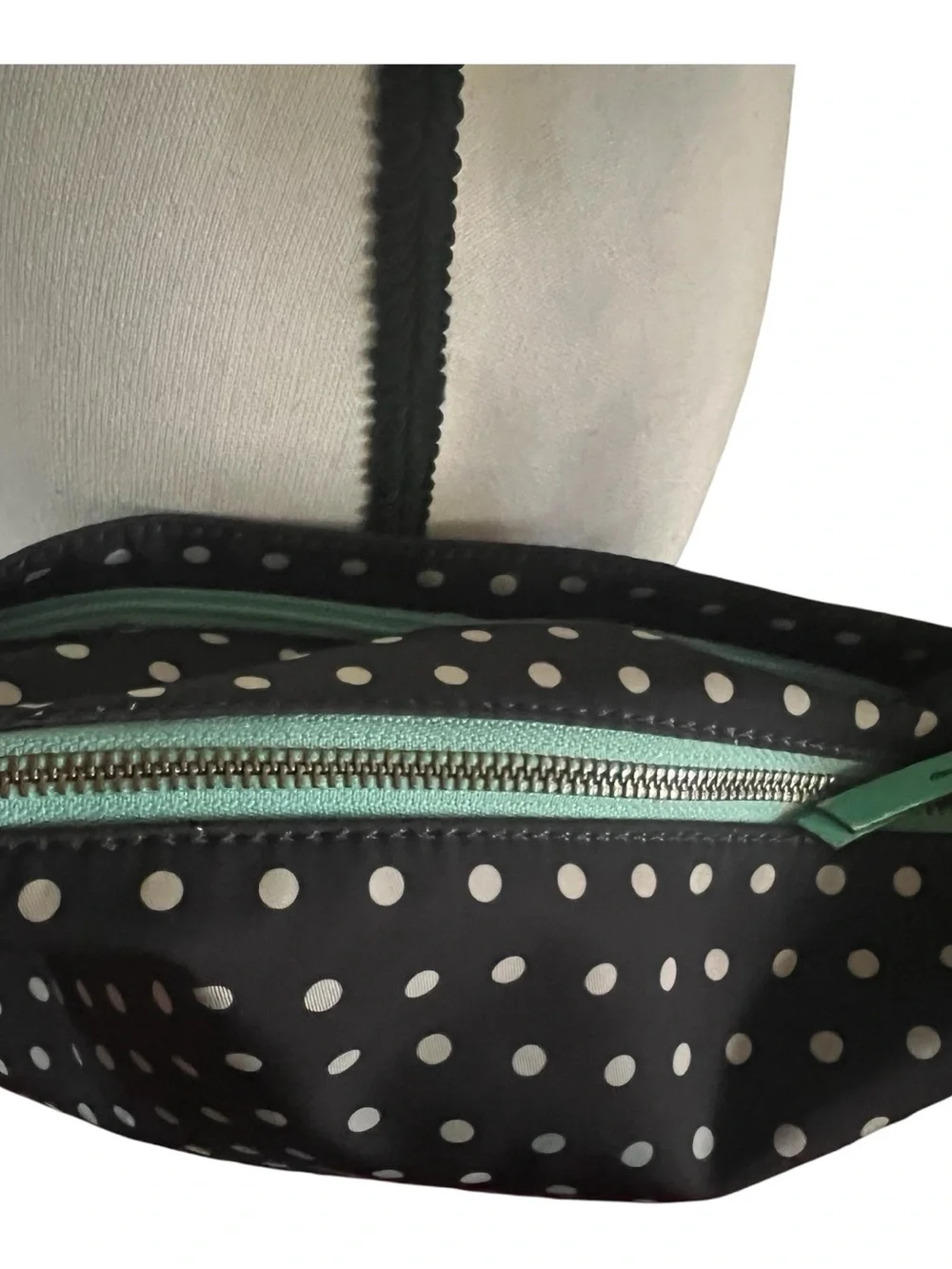 Fossil Keyper polka dot crossbody with mint aqua adjustable strap.